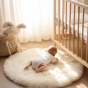 lot 7151 image: Ashler Faux Fur Rug - Fluffy Shaggy Area Rug, Ultra Soft 3 x 3 Feet Round, White Fuzzy Machine Washable Shag, Nursery Decor Throw for Bedroom, Kids Room, Living Room