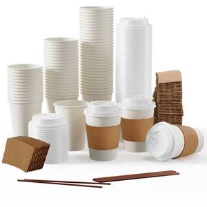 lot 7156 image: 100 Pack 12 oz Paper Coffee Cups, Disposable Paper Coffee Cup with Lids, Sleeves, and Stirrers, HotCold Beverage Drinking Cup for Water, Juice or Tea, Suitable for Home, Shops and Cafes
