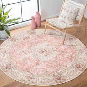 lot 7160 image: Castage Pink Round Rug 4ft, Circle Washable Area Rugs for Bedroom Bathroom Entryway, Boho Vintage Bohemian Distressed Oriental Floral Carpet Non Slip,Blush