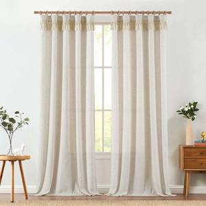 lot 7168 image: jinchan Linen Curtains for Living Room Bedroom Light Filtering Semi Sheer Curtains Boho Farmhouse French Country Cottage Core Decor Window Drapes Back Tab 96 Inch Length Tassel Beige