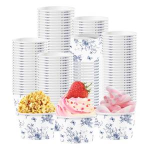 lot 7178 image: 120Pcs Blue Floral Ice Cream Cups 12 Oz Disposable Blue and White Floral Paper Dessert Snack Bowls Fancy Flower Food Yogurt Containers for Food Soup Candies Bridal Shower Wedding Tea Party Decorations