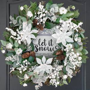 lot 7180 image: Pinkpuii 24 Inch Winter Wreaths for Front Door Outside, Outdoor Winter Wreath with Christmas Flowers and Pinecones, Artificial Flocked Christmas Wreath with White Berries-Winter Decorations for Home