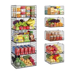 lot 7189 image: Huxitocan 5 Pack Stackable Wire Baskets for Pantry Organizers and Storage, Large Pantry Baskets for Snack Organizer, Foldable Metal Storage Bins for Organizing Snack Can Fruit Vegetable & Toy