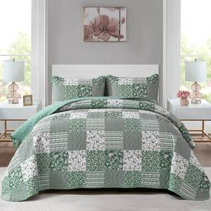 lot 7193 image: Mybedsoul Sage Green Boho King Quilt Set, 3-Piece Reversible Soft Plaid Floral Bedding Set with 2 Pillow Shams - Sage Green King Size Quilt Bedspread Coverlet Set 90x104