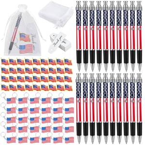 lot 8295 image: Qilery 250 Pcs Veterans Day Style American Flag Lapel Pins Ballpoint Pen Black Independence Day Flag Keychains Thank You Card Organza Gift Bag for Home Office School 4th of July Party Supplies