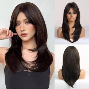 lot 8298 image: HAIRCUBE Long Dark Brown with Highlights Wigs for Women Synthetic Curly Wavy Hair Wig for Daily