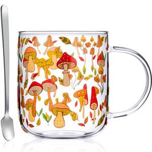 lot 8300 image: CHENGU Mushroom Mug with Handle, 15 oz Clear Mushroom Glass Cup Gift Cup with Stainless Steel Spoon for Coffee Tea Milk Stuff Decor for Christmas Thanksgiving