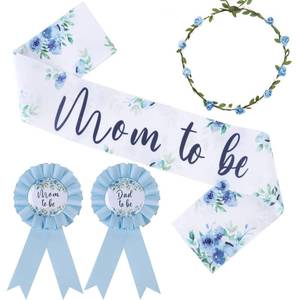 lot 8362 image: Serencatcher Baby in Bloom Baby Shower Decorations Boy, Floral Blue Mom to Be Maternity Sash Mom Dad to Be Button Tinplate Badge Pin Corsage Flower Crown Headband for Baby in Bloom Gender Reveal Party