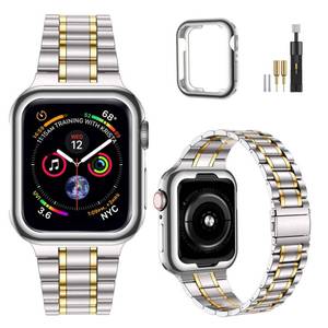 lot 8393 image: MioHHR Solid Stainless Steel Band Compatible with Apple Watch 42mm(Series 321) 44mm(Series SE654), Metal Strap with Soft TPU Case for iWatch Bands for Women and Men, SilverGold