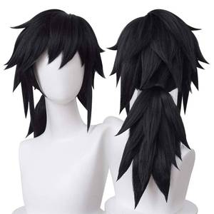 lot 8396 image: LABEAUT� Anime Black Cosplay Wigs for Giyuu Short Wig Halloween Wig Character Wig Cosplay Clothes for Demon Slayer Kimetsu no Yaiba