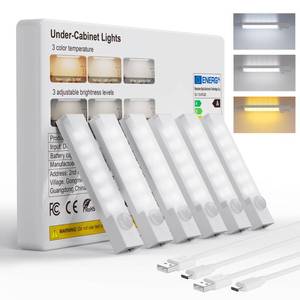 lot 8408 image: Rihvy Under Cabinet Lighting 4 Inches Rechargeable Motion Sensor Light Indoor, 3 Color Dimmable Closet Light Battery Operated, USB Stick on LED Magnetic Under Counter Lights for Kitchen Stair, 6 Packs