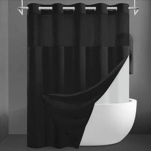 lot 8417 image: SORTTO No Hook Slub Textured Shower Curtain with Snap in Liner - Black Fabric Outer Curtain & Waterproof Inner Liner, Hotel Style with See Through Top Window, 71x74 in