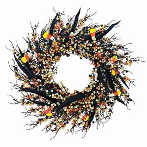 lot 9785 image: 18 Inch Halloween Wreath for Front Door - Orange Black Wreath with Berries Candy & Black Leaves, Spooky Halloween Decor for Indoor Outdoor Fireplace Porch Window Party