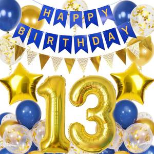 lot 10211 image: 13th Birthday Decorations Boys, Navy Blue Gold Balloons and Happy Birthday Banner, 40 Inch Number 13 Foil Birthday Balloons with Birthday Bunting, for Boys Girls Birthday Decoration