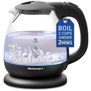 lot 10259 image: Elite Gourmet EKT1001 Electric 1.0L BPA-Free 1100W Glass Kettle Cordless 360° Base, Stylish Blue LED Interior, Handy Auto Shut-Off Function �� Quickly Boil Water For Tea & More, Black