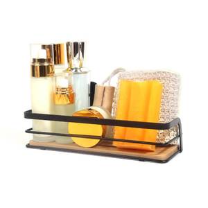 lot 10260 image: Wire Shower Rack with Bamboo Mat - Bathroom Storage Device, Simple and Practical,Improve Space Utilization(Black)