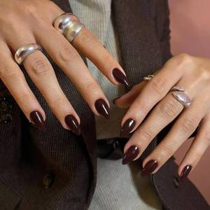 lot 10270 image: KQueenest Brown Press on Nails Short Almond - 30 Pcs Reusable Fake Nails Glue on, Thick Natural Fit Acrylic Nails Short Stiletto, Salon Quality Stick on Nails for Women Fall Winter