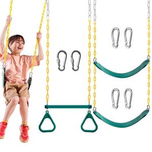 lot 13237 image: TURFEE 3 Pack Assorted Swing Set, Including 1 Gym Rings Trapeze Bar and 2 Pcs Swings with Plastic Coated Chain, Swingset Accessories Replacement for Kids Outdoor Play, Playground- Green