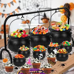lot 13256 image: Palonu 9 Pcs Witches Cauldrons Serving Bowls on Rack, Black Plastic Witches Cauldron with Halloween Cake Topper Kitchen Table Holiday Decoration Halloween Indoor Outdoor Party Decor