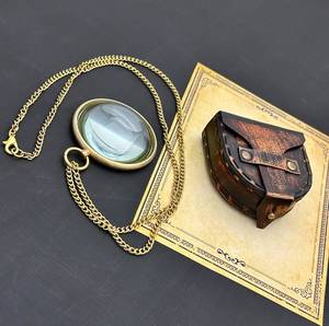 lot 14104 image: Pocket Magnifying Glass with Leather Box - Domed Magnifying Glass - Monocle Costume Magnifiers - Book Magnifier for Reading - Hand Made Gift (Gold - with Chain)