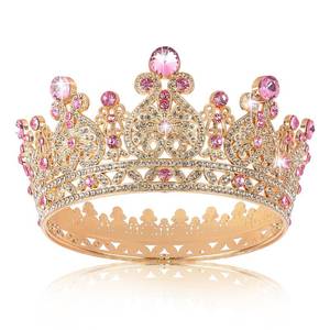 lot 14139 image: KEUKORZ Gold Pink Rhinestones Crown Cake Topper Full Round Princess Tiara Elegant Hair Accessories for Prom Wedding Birthday Party Favors Pageant