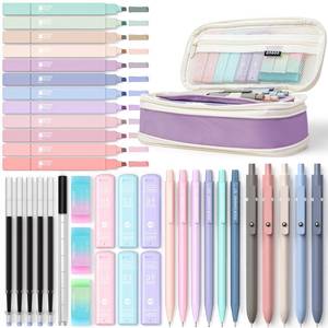 lot 14158 image: Four Candies 39 PCS Aesthetic School Supplies with Cute Pen Case, 12 Pastel Highlighters, 5 Black Ink Gel Pens, 6 Mechanical Pencils Set for Students Stationary College Essentials (Purple)