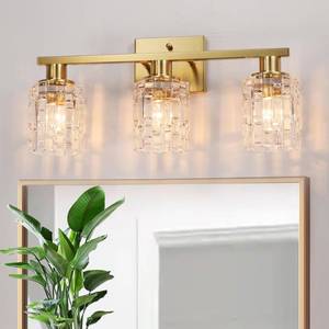 lot 15082 image: huong son 3 Light Brushed Gold Bathroom Vanity Light Over Mirror, Modern Vanity Lighting with Crystal Glass Shade, Wall Mount Bathroom Light Fixtures, E26 Base