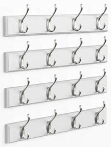 lot 15086 image: Forbena White Coat Rack Wall Mount 4-Pack, Coat Hanger Wall Mounted for Hanging Clothes Purse, Modern Key Holder Hooks for Closet Hat, Belt, Bag, Backpack, Leash (White and Silver - 16 Hooks)