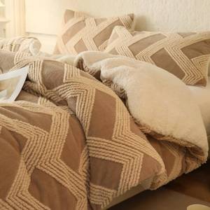 lot 15088 image: tohrisa Tufted Boho Comforter Set King - Beige Fluffy Sherpa Bedding Set, Soft Fuzzy Jacquard Quilt Set, 3 Pieces Cozy Bed Set Warm Comforter for Winter(104X90)