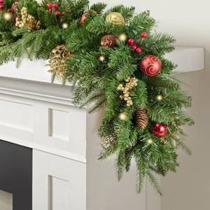 lot 15097 image: 9FT Artificial Christmas Prelit Garland with 50 White Light, Pulg in, Pine Cones, Gold and Red Ball, Red Berris Mantle for Indoor Holiday Door Home Decorations Stairs Fireplaces Wall