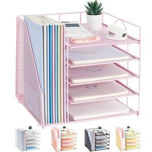 lot 15125 image: LEKETREE Desk Organizers and Accessories, 5-Tier Paper Letter Tray Organizer with File Holder, Desktop Organizer for Office Supplies (Pink)