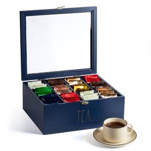 lot 15128 image: Rae Dunn Tea Bag Organizer - Tea Box Divided Storage Container Box with Hinge Lid for Kitchen Cabinet, Countertop, Pantry, Hold Coffee Pods, Seasoning Packets, Condiments, Blue