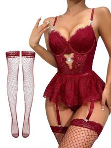 lot 16000 image: Lilosy Sexy Stocking Rhinestones Heart Garter Underwire Floral Mesh lace Sheer Babydoll Lingerie Teddy Bodysuit Skirt Set Women 2 3 Piece Push Up See Through Burgundy Red Small