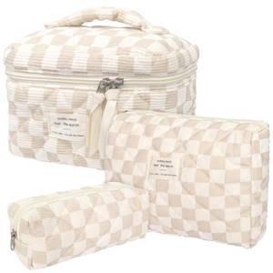 lot 16003 image: Quilted Cosmetic Bag Large Capacity Travel Cosmetic Bag for Women and Girls Aesthetic Storage for Daily and Travel Use (3pcs-browncheckered)