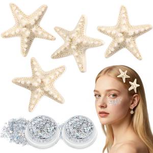 lot 16048 image: Sightor 4PCS Starfish Hair Clips, Mermaid Hair Accessories With 2PCS Face Body Glitter Gel, Women Beach Sea Star Hair Clip for Halloween Mermaid Cosplay (Cream)