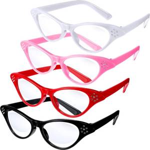 lot 16056 image: JOVITEC 4 Pieces Halloween Cat Eye Glasses Rhinestones Retro 50s 60s Old Lady Party Costume Glasses for Hip Hop Dress up Party Favor(Red, Black, White, Pink)