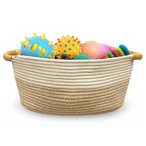 lot 16450 image: Fhiny Cotton Rope Dog Toy Basket, Puppy Toys Storage Bin with Handle Woven Rectangle Diapers Large Pet Kitty Bed Perfect for Carry Pet Blankets Chew Toys Leashes Doggie Stuff Khaki-M