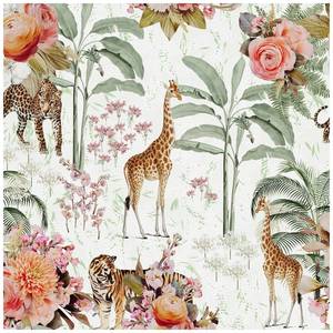 lot 16456 image: HAOKHOME Forest Peel and Stick Floral Wallpaper Jungle Animal Removable WhiteGreenPink Vinyl Self Adhesive Mural 17.7in x 9.8ft