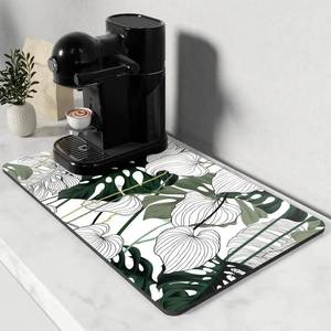 lot 16460 image: Rnivvi Coffee Mat, 12 x 19 Cute Coffee Bar Mats for Espresso Machine Station Accessories and Organizer, Hide Stain Rubber Backed Absorbent Dish Drying Pad for Kitchen Counter, Tropical Leaves