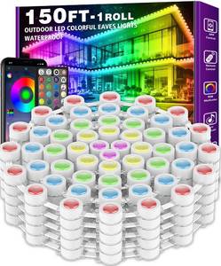 lot 16468 image: FBZ 150FT Permanent Outdoor RGB Lights - IP67 Waterproof with Smart App Control Remote,DIY Scene Modes, Music Synchronization,Eaves Lights for Garden Decor,Deck,Christmas