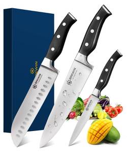 lot 16470 image: Brewin Professional Kitchen Knives, 3PC Chef Knife Set Sharp Knives for Kitchen High Carbon Stainless Steel, Japanese Cooking Knife with Gift Box