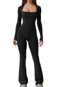 lot 16489 image: QINSEN Long Sleeve Jumpsuits for Women Square Neck Wide Leg Full Length Romper Playsuit Black S