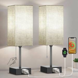 lot 17728 image: Table Lamp for Bedroom Set of 2, Bedside Lamps with 3 Color Temperatures Night Light, Lamp for Night Stands with AC Outlet and Square Shade, Pull Chain Small Desk Lamp for Living Room Home Decor