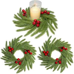 lot 17739 image: 3Pcs Christmas Candle Rings Wreaths Artificial Norfolk Pine Branches Red Berry Branches Candle Holder Rings Mini Wreaths Decorations for Tables Centerpieces Mantle Frontdoor Home Kitchen Xmas Decor