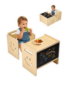 lot 17747 image: VEVOR Montessori Weaning Table and Chair Set, 3 in 1 Wooden Toddler Table and Chairs with Chalkboard, Adjustable Height Montessori Table for Ages 1-5, Ideal for Drawing, Reading, Eating - Natural