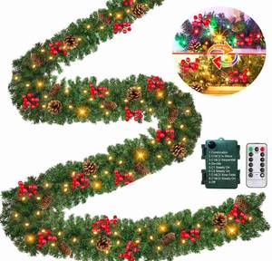 lot 1093 image: Remote Control 18 FT Extra Long Prelit Christmas Garland with 480Thick Branch Tips Pinecones & Red Berries, 100 Warm White & Multicolor LED Lights 8 Modes Timer for Stairs Mantel Doorway Decor