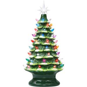 lot 1101 image: Lakumu 16.5 Table Top Christmas Tree, Hand Painted Resin Christmas Tree with Lights, Pre-lit Xmas Tree Decor Lighted Tabletop Decoration with Multicolored LED Bulbs, Ceramic-Like Finish