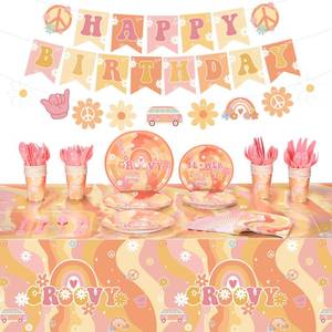 lot 1106 image: Geyee 173 Pcs Groovy Party Supplies Serves 24, Include Boho Hippie Tablecloth Groovy Birthday Banner Hippie Daisy Paper Plates Napkins Tableware Set for Retro Boho Rainbow Birthday Party Decorations
