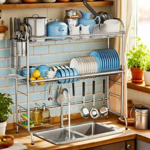 lot 1112 image: MOUKABAL Dish Drying Rack - Stainless Steel Over The Sink Dish Drying Rack (Expandable Length), 2 Tier Large Dish Rack with Utensil Holder, 32.3 - 33.9(L) x 11.4(W) x 32.3(H) Silver