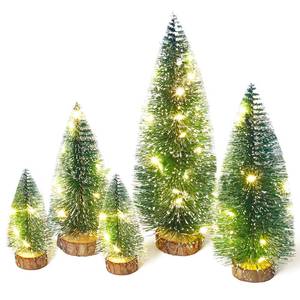 lot 1116 image: Mini Christmas Tree with Lights, Small Table Top Decorations, Desktop Miniature Pine Tree Xmas Holiday Decor Indoor Home, Bottle Brush Trees with Wooden Base, 5 Pcs with Light